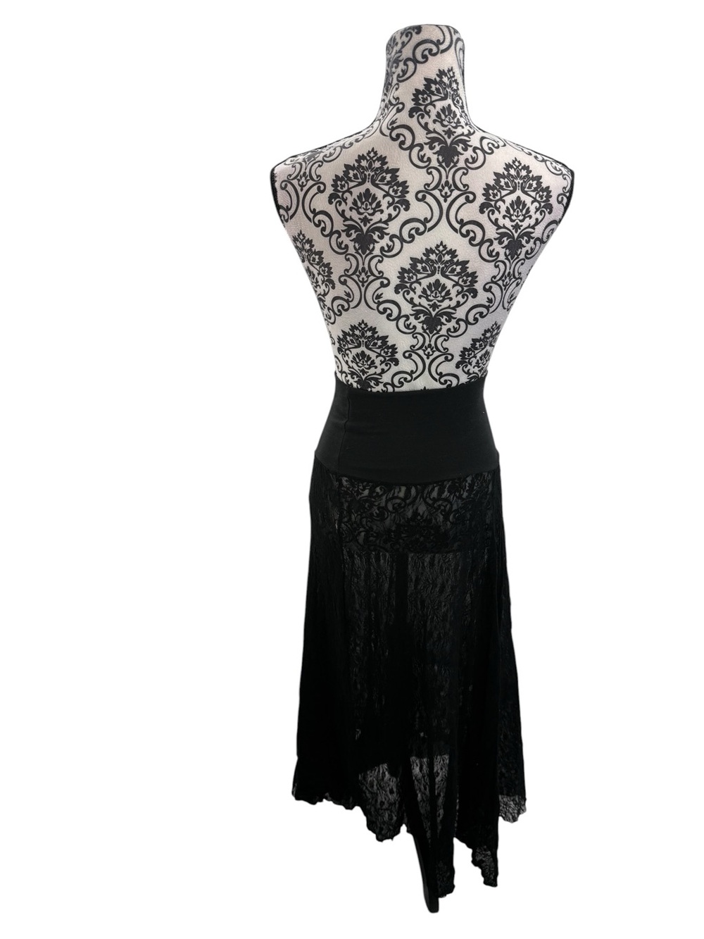 Black Lace Asymmetrical Midi Skirt Dress Sheer Stretch Waist Dark Feminine Goth - Picture 8 of 16